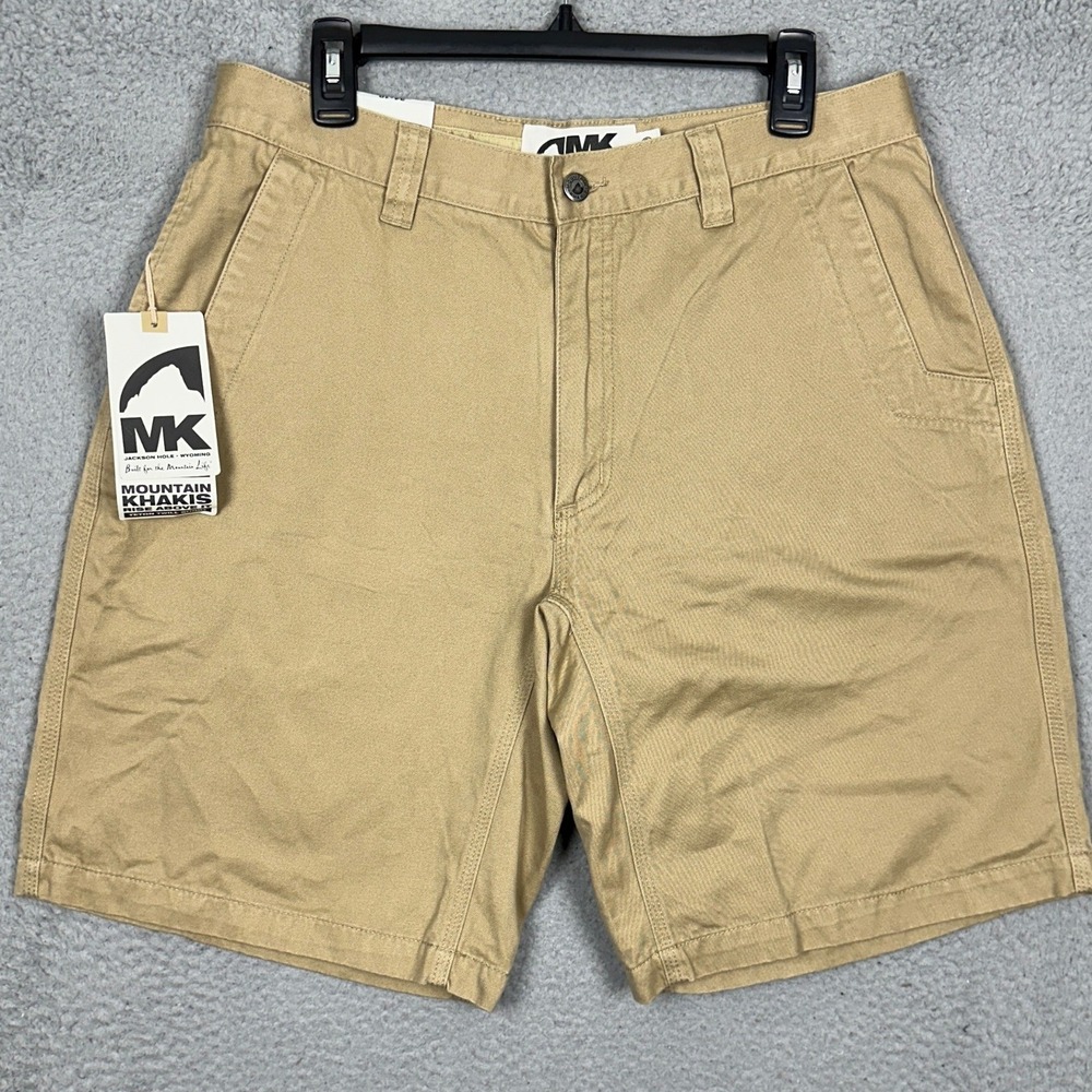 NEW Mountain Khakis Shorts Mens 34X10 Tan Chino Hiking Flat Front Casual Pockets